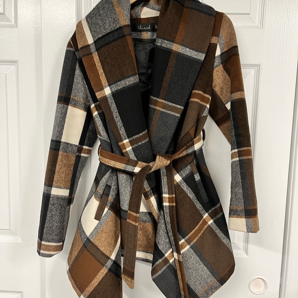 Chicwish Plaid Wrap Coat Wool Blend Belted Jacket Size M